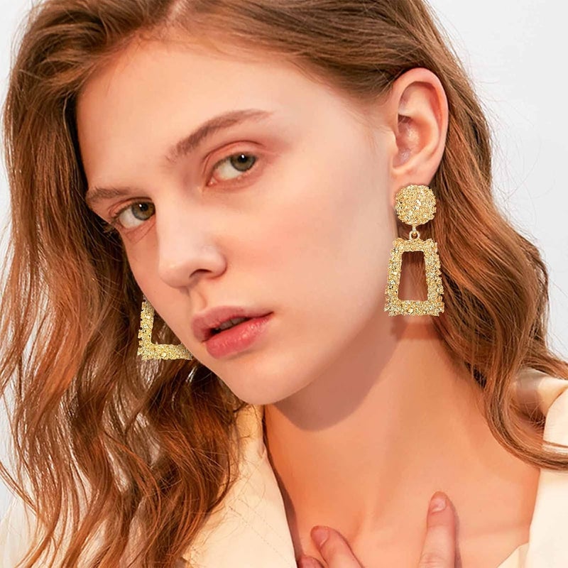 Jstyle Gold Statement Clip On Earrings for Women, Big Rectangle Geometric Dangle Clip Earrings Fashion Large Gold Silver Hot Pink Drop Earrings for Women Non Pierced - Image 2